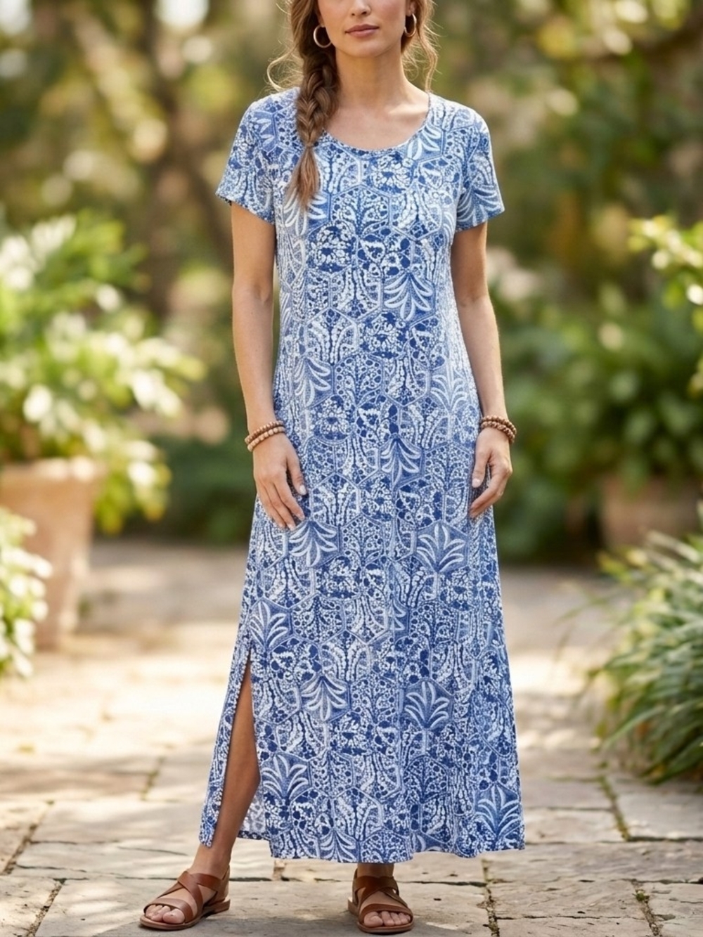 Peruvian Connection Blue Printed Short-Sleeve Maxi Dress Size XL